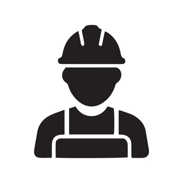 Construction worker icon wearing a hard hat and protective vest with protective gear