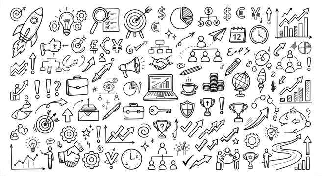 Business doodle vector illustration set with startup symbols, arrows, charts, and growth icons for design
