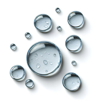 Clear liquid water droplets of various sizes on a white background with moisture