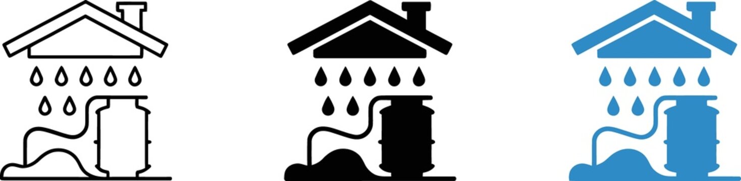 Rainwater harvesting system vector icons with house roof water drainage and storage barrel