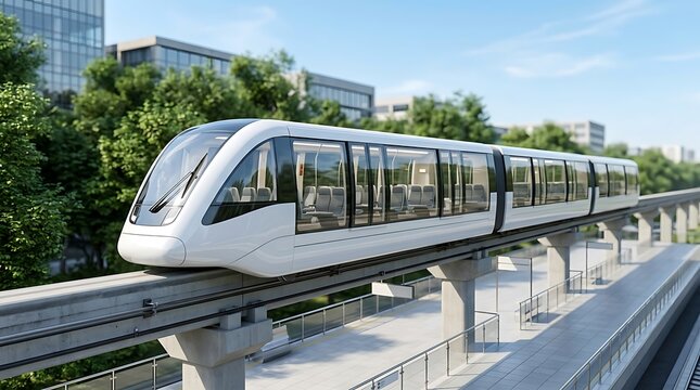 Modern monorail train moving on elevated tracks in a city with green trees and glass buildings