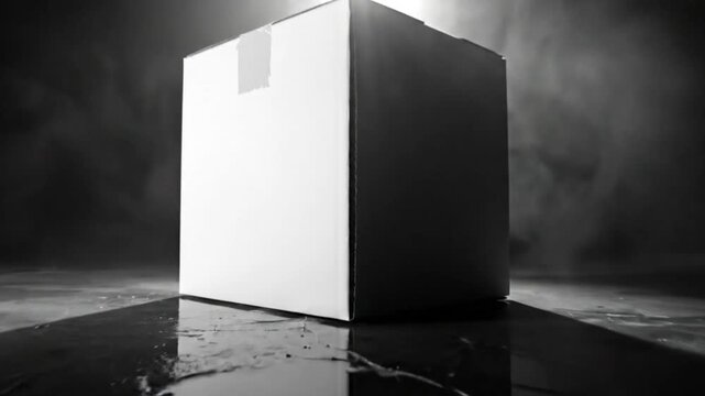 Mysterious illuminated square box on a reflective surface surrounded by dramatic smoke effects in dark surroundings