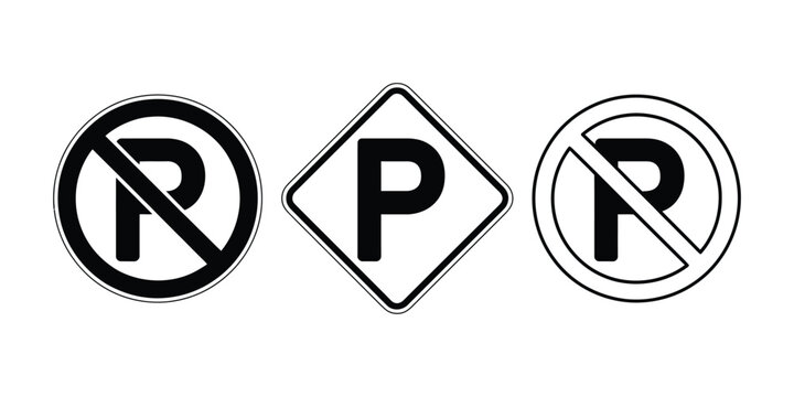 Black and white no parking prohibition icon with road safety symbols isolated on a clean white background