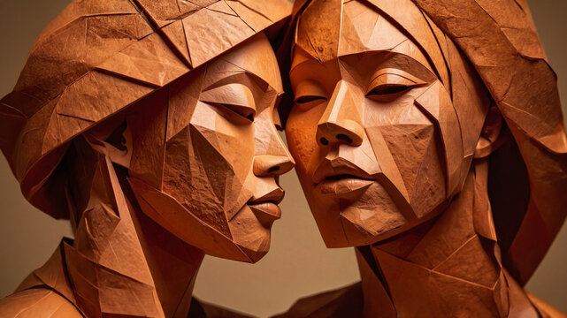 Papercraft construct faces. Geometry polygon structure, wood texture. Studio lighting setup, layout space, marketing background, connection psychology concept, neuroaesthetics design.