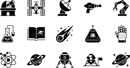 Space exploration and science technology solid glyph icon set featuring observatory satellite telescope planet asteroid mars rover and laboratory symbols © Md