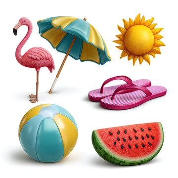 Summer vacation icons featuring beach umbrella flamingo and watermelon slice