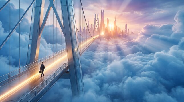 Businessman walking on a bridge towards a futuristic city in the clouds
