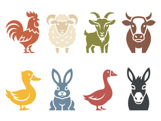 Fototapeta premium Vector farm animal symbol bundle containing colorful minimalist icons of cow, sheep, goat, duck, and rooster