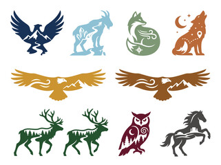 Obraz premium Vector animal glyph icon pack with wildlife silhouettes featuring double exposure landscapes isolated on white.