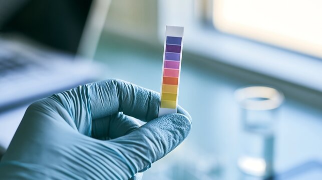 A scientist holding a pH test strip isolated on transparent background. Useful for medical laboratory research and chemical analysis concepts.
