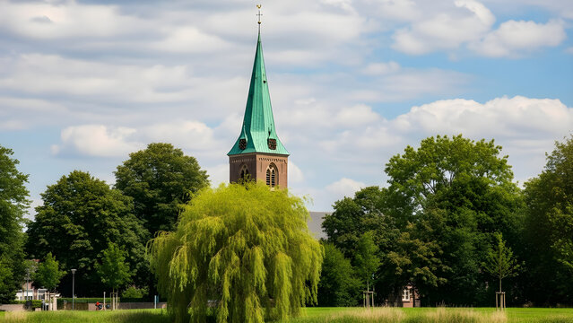 A picturesque view of a traditional historic church steeple rising behind lush green trees and a scenic willow tree in a peaceful summer park