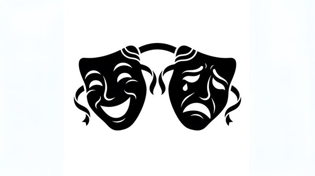 Black and white theater masks icon representing comedy and tragedy drama performance art.