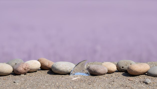 砂浜の小石の間に立つ透明なガラスフィン