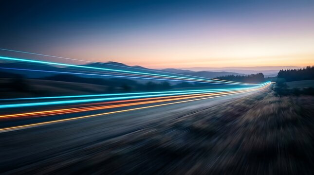 Long exposure light trails of vehicles moving fast along a scenic highway during a beautiful sunset landscape