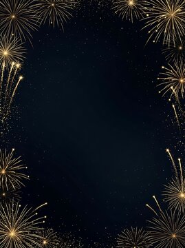 Festive gold firework display border on a dark night sky background for holiday celebration invitations