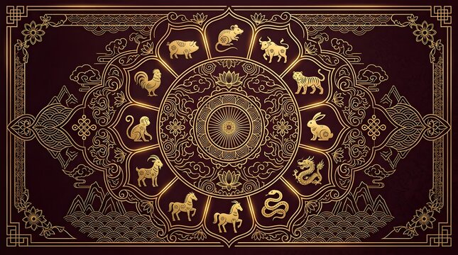 Golden twelve chinese zodiac animals arranged in circular floral pattern with intricate line art on a dark brown royal background
