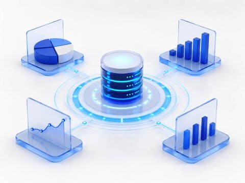 Central database connected with digital charts and graphs during data analysis in a clean studio setting