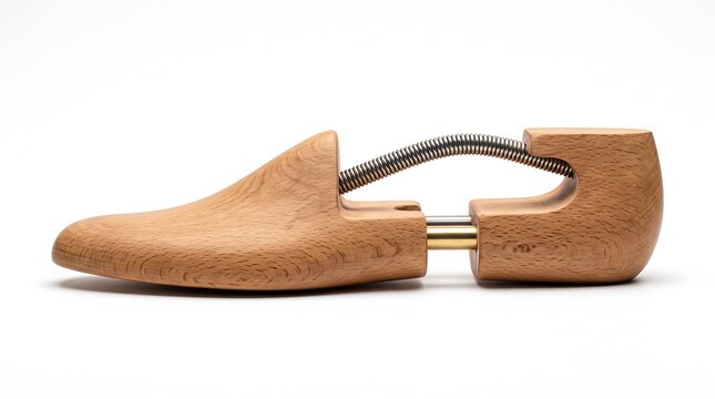 A professional wooden shoe tree stretcher tool designed for maintaining the shape and leather condition of formal footwear in a minimalist studio setting