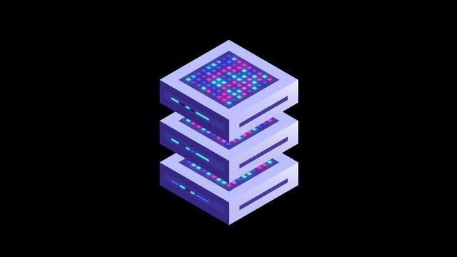 Stylized isometric 3D animation of stacked computing servers with glowing data processing elements, representing cloud computing, data storage, digital infrastructure and information technology.
