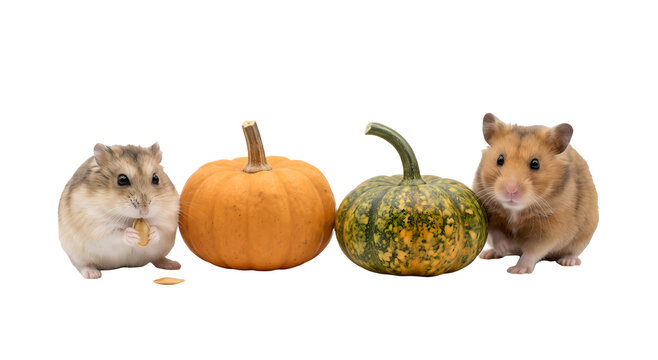Two hamsters with miniature pumpkins sit on transparent background