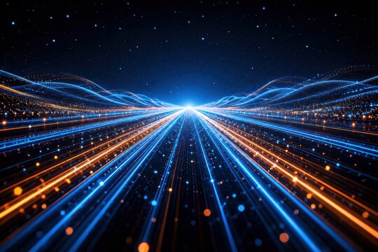 Digital light streams converging on a distant glowing horizon during a futuristic data network simulation