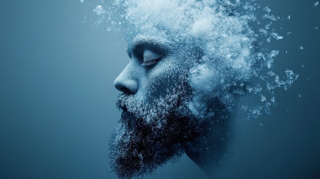 Profile of a man's face encrusted with ice, dissolving into cold mist