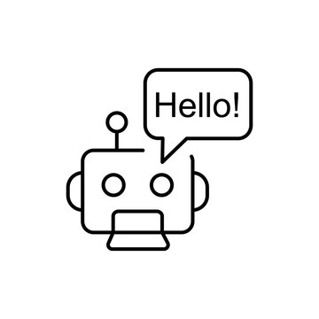 Line icon of a cute robot character saying hello in a speech bubble