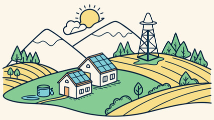 Fototapeta premium Sustainable Mountain Community with Solar Energy Vector