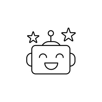 Cute robot head icon with stars, simple line art vector illustration