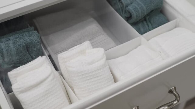 White wooden drawer with organized towels and fabric dividers in bathroom closet