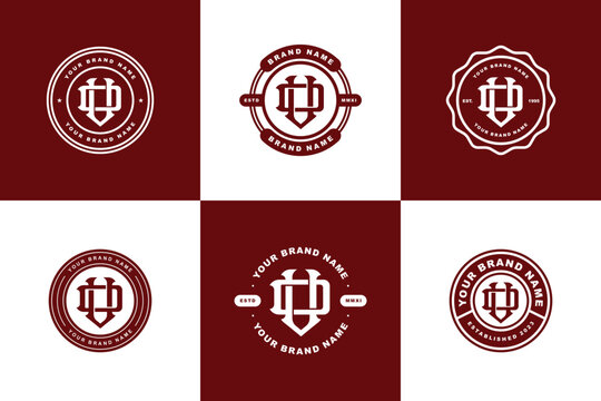 Set of six vintage monogram logos with letters DV or VD for collegiate and heraldic branding.