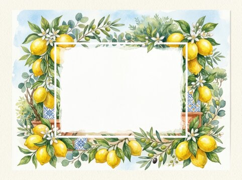 Lemon frame watercolor illustration features fresh citrus fruits and green leaves around a blank copy space.