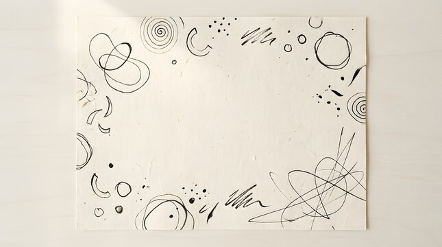 Minimalist hand-sketched abstract doodles and organic shapes create a unique border on a light paper texture, offering a versatile design element