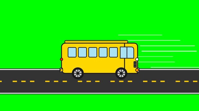 Video Clip Of Yellow Bus On Road In Bright Green Scene.