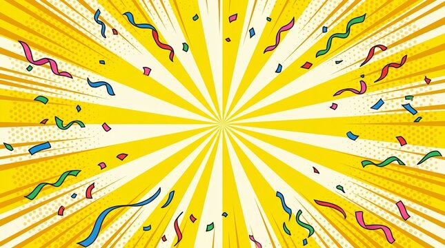 Comic book radial zoom background with yellow sunburst rays and colorful falling confetti for celebration party