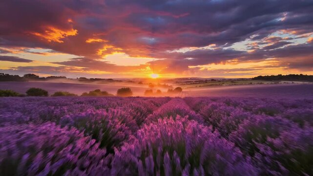 Wide angle view of blooming purple lavender rows in a valley during sunset with orange and dark clouds, rolling hills with low mist and a bright sun glowing on the horizon.