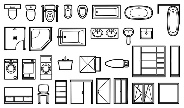 Bathroom CAD blocks with toilet bathtub sink shower and cabinet fixtures for interior floor plan graphic