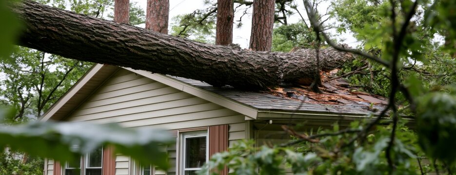 Fallen tree on house roof causing damage after a storm  