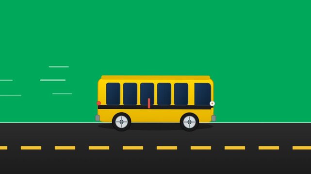Animated yellow bus travels along a road against a green background video.