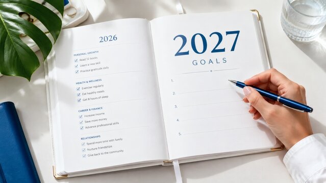Woman writing goals for 2027 in a planner on a desk with plant  