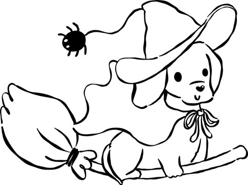Cute Halloween Dog outline Dachshund Puppy Witch on Broomstick Cartoon Hand Drawn