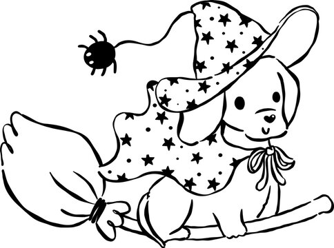 Cute Halloween Dog outline Dachshund Witch Riding Broomstick Cartoon Hand Drawn