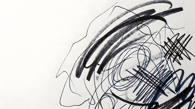 Abstract black ink scribble drawing on white paper background representing chaos and anxiety