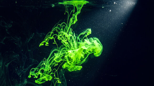 Vibrant green ink dissolving in water creating abstract smoke shapes in dark background.