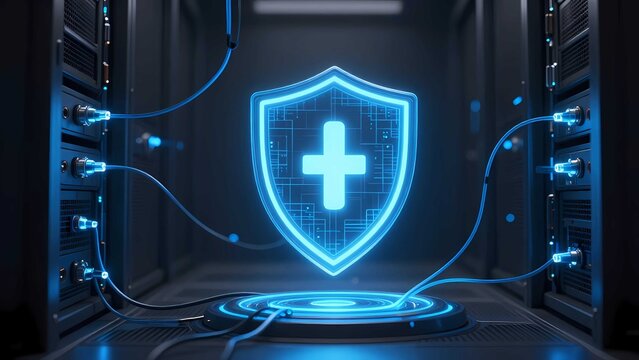 Glowing security technology concept inside a modern server environment