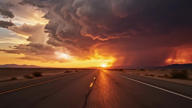 Asphalt road stretching through desert landscape towards massive thunderclouds and orange sunset. Dramatic storm clouds with rain shafts over a flat horizon at golden hour.