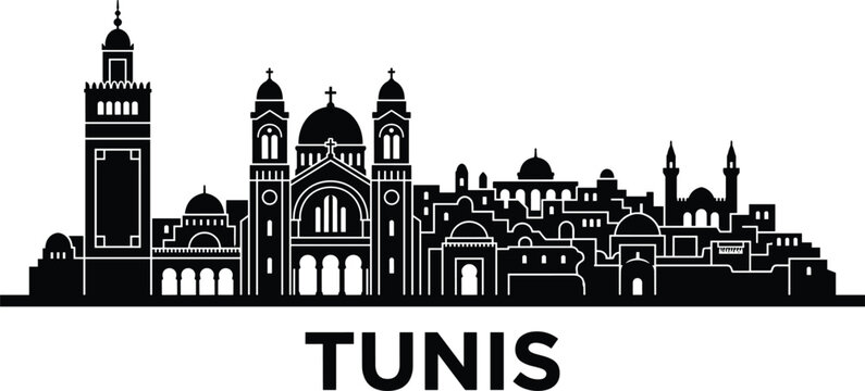 Tunis Tunisia city skyline silhouette vector illustration featuring prominent cathedral mosque minaret towers and traditional architecture landmarks