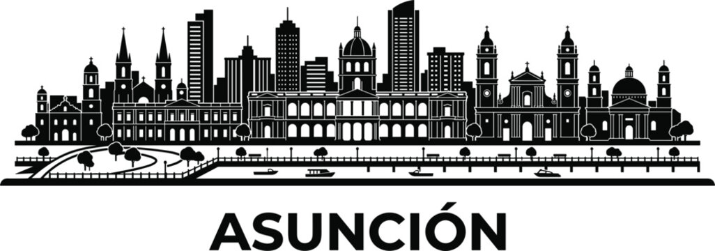 Asuncion Paraguay city skyline silhouette vector banner including historic lopez palace national pantheon and waterfront bay landmarks