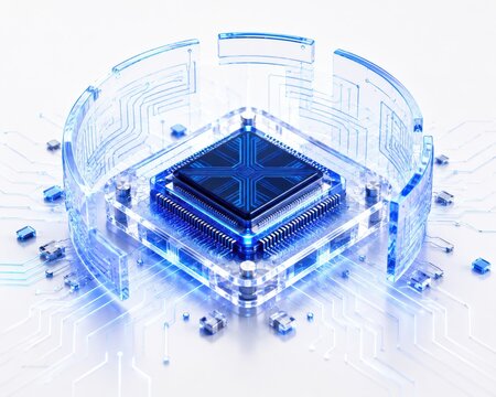 Central processing unit glowing blue within a transparent protective casing on a white circuit board background