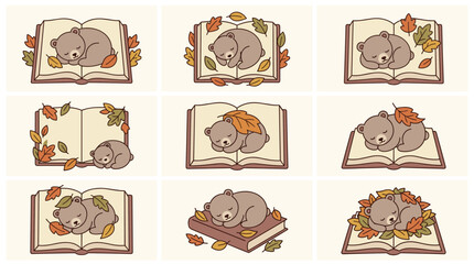 Cute Bear Cubs Sleeping on Open Books Surrounded by Autumn Leaves © SITI